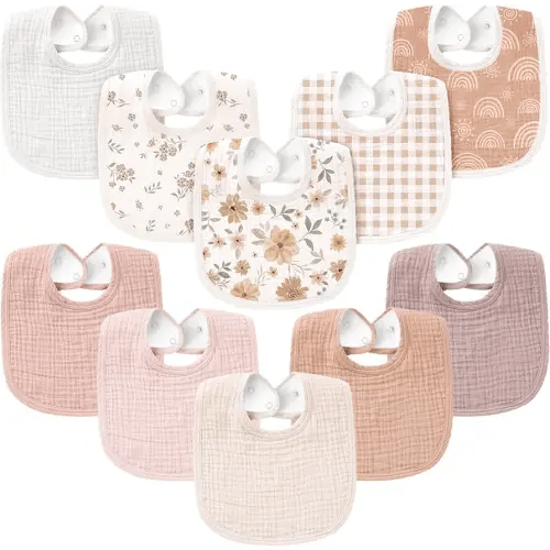 Konssy 10-Pack Muslin Baby Bibs, Soft Cotton Bandana Bibs for Drooling & Teething, Unisex Solid Colors for Boys & Girls, Newborn & Infant
