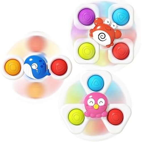 Jowow 3PCS Baby Large Suction Cup Spinner Toy,Spinning Bath Toy for Baby 18+ Months,Sensory Baby Toys for Age 1-3 Year Olds,Bithday Gifts for Toddler Boys and Girls.