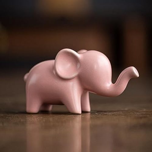 OwMell Good Luck Elephant Decor for Home, Small Ceramic Elephant Statue Figurine for Home Decor - Pink