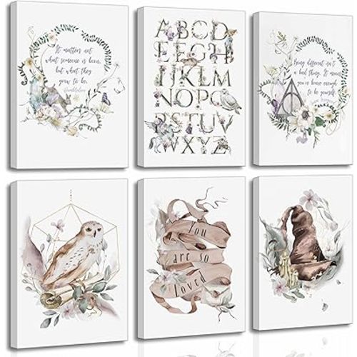 6Pcs Magical Wizard Nursery Canvas Wall Art Magic Wizard School Inspirational Quotes Whimsical Kid Playroom Painting Picture Wall Decor Poster Print Artwork for Girls and Boys Room