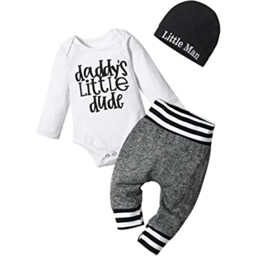 Fommy Newborn Baby Boy Clothes New to The Crew Letter Print Romper+ Pants+Hat 3PCS Outfit