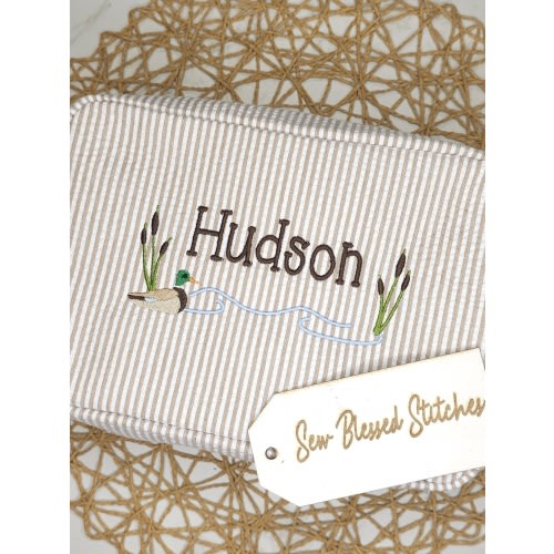 Personalized Seersucker Toiletry Bag: Duck Boy Diaper & Wipe Organizer