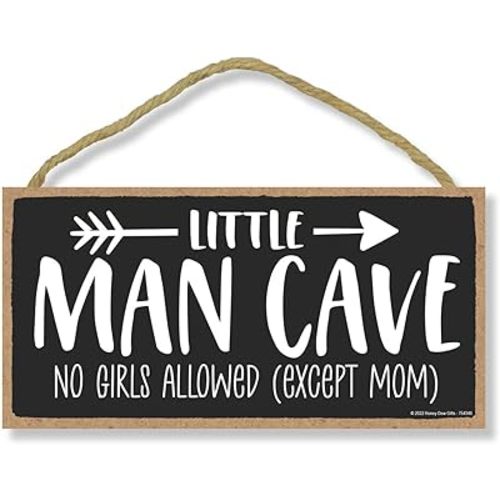 Honey Dew Gifts, Little Man Cave No Girls Allowed Except Mom, 10 inch by 5 inch, Made In USA, Funny Wooden Wall Signs, Kids Room Decor, Housewarming Gift, Baby Boy Room Decor, Playroom Décor-754348
