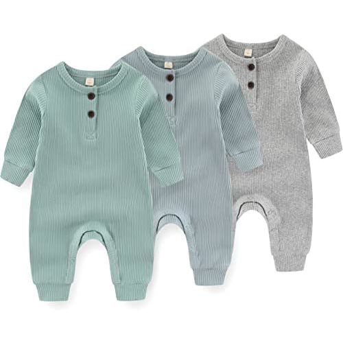Newborn Baby Boys Girls One Piece Romper With Mitten Cuffs 3 Pack Long Sleeve Ribbed Button Jumpsuit Outfit Clothes