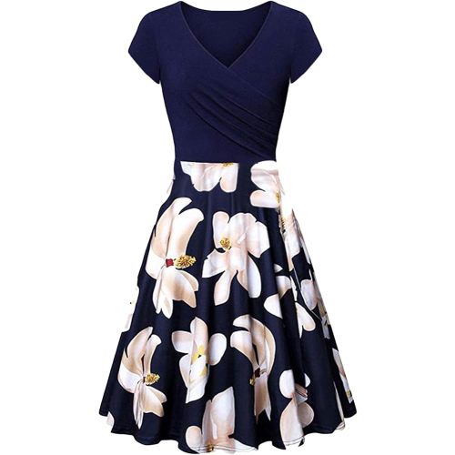 OMZIN Women's Summer 1950s Vintage Dress Wrap V Neck Cap Sleeve Dress Cocktail Swing Dress A-Line Flared Midi Dress