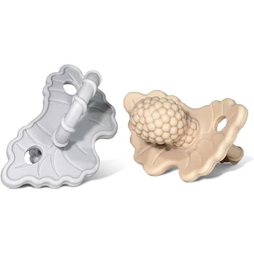 RaZbaby RaZberry Silicone Teether Pacifier – Teething Relief for Infants, Food-Grade, BPA-Free, Hands-Free, Natural Berrybumps Fruit Texture for Sensory Development, Freezable, 2-Pack - Tan & Grey