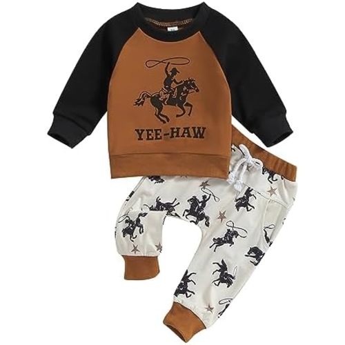 SAYOO Western Baby Boy Clothes Cow Print Sweatshirt Pullover Top Jogger Pants 2Pcs Toddler Boy Cowboy Fall Winter Outfits