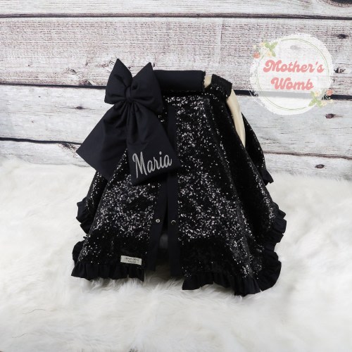 Baby Car Seat Cover - Solid Black w/ Black Glitz Sparkle - Personalized Baby Shower Gift - Baby Girl Car Seat Canopy - Personalized Bow
