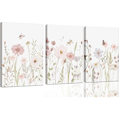 3Pcs Watercolor Wildflower Wall Art Botanical Nursery Canvas Prints Vintage Floral Pictures Flower Paintings Girls Nursery Pictures Pink Wall Decor for Living Room Bedroom Framed