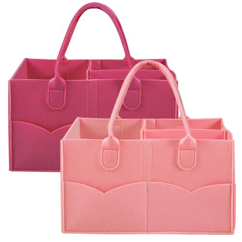 PandaEar 2 Pack Baby Diaper Caddy Organizer, Portable Diaper Holder Nursery Storage Basket for Wipes & baby stuff, Collapsible Baby Organizers with Divided Design (Red/Pink)