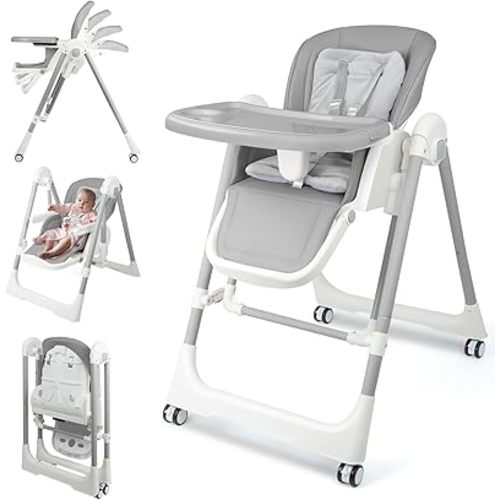 High Chairs for Babies and Toddlers Foldable High Chair Adjustable with Reclining Seat & Leg Rest, 3-in-1 Convertible Baby Swings with Tool-Free Assembly (Grey)