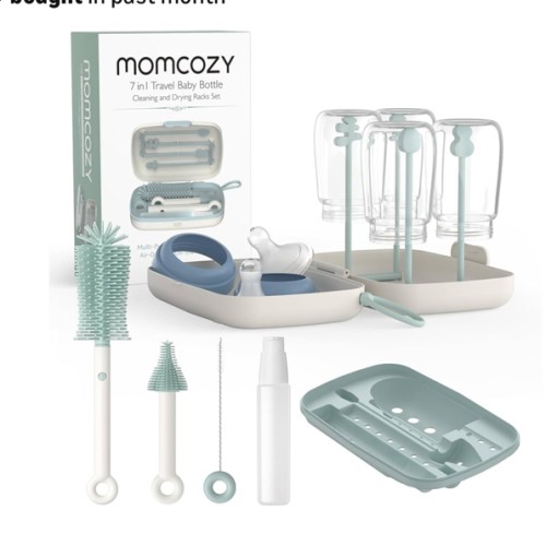 Momcozy Bottle Brush Set - Baby Bottle Cleaner Kit with Silicone Brush, Nipple Brush, Straw Brush, Soap Dispenser, Drying Rack - 7 in 1 Bottle Cleaning Tool for Home and Travel, Green