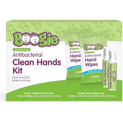 Boogie Hand Sanitizing Kit, Antibacterial Hand Wipes and Hand Spray, Alcohol Free, Hypoallergenic and Moisturizing Aloe, 20 Count Wipes (Pack of 2) and 0.3 Ounce Spray (Pack of 2)