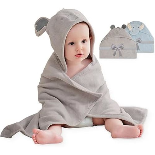 Viviland 2 Pack Hooded Baby Towels, Soft 100% Cotton Baby Bath Towels with Hood, Extra Thick and Absorbent, Essential for Newborns, Kids, Infants - Girls and Boys (Blue Elephant & Koala)