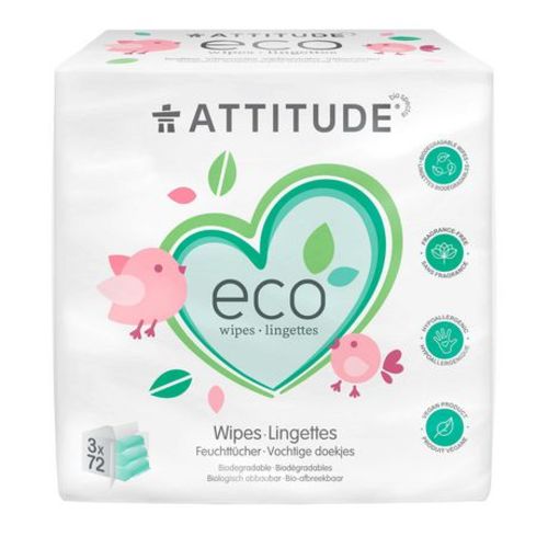 ATTITUDE eco, Baby Wipes, Biodegradable, Refill, Unscented, 216 Count