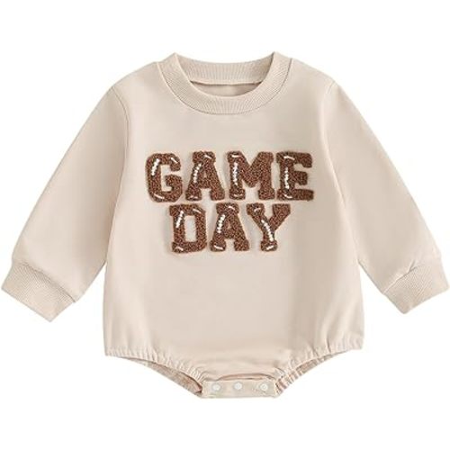 BULINGNA Baby Boy Girl Football Season Romper Sweatshirt Letter Embroidery Game Day Bodysuit One Piece Fall Winter Outfit - Apricot - 3-6 Months