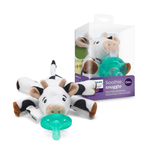 Philips Avent Soothie Snuggle Pacifier Holder with Detachable Pacifier, 0m+, Cow, SCF347/05