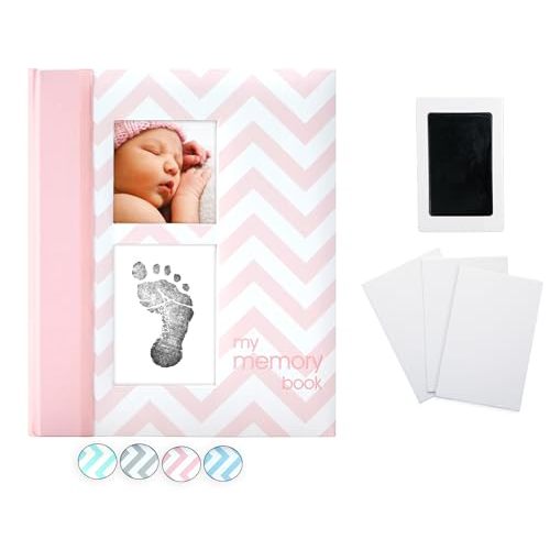 Pearhead Baby Memory Book, First 5 Years Baby Milestone Book, Pregnancy Journal, Gender Neutral Newborn Keepsake, With Clean-Touch Ink Pad For Baby's Handprint or Footprint, Pink Chevron