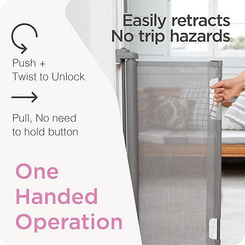 Retractable Baby Gate Perma Child Safety 33" Tall x 55” Wide, Mesh, for Stairs, Doorways, Dogs, Pets, Indoor, Outdoor, One-Handed Operation, Locking, Easy Install, Hardware Mount, Gray