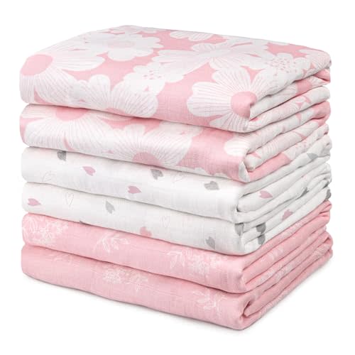 GLLQUEN BABY Receiving Blankets Girl Muslin Swaddle Blankets for Newborn | Cotton Squares Baby Blankets, Soft & Thin Swaddle Cloth, Breathable Absorbent Infant Swaddling Wrap - 6 Pack (Rosebud)