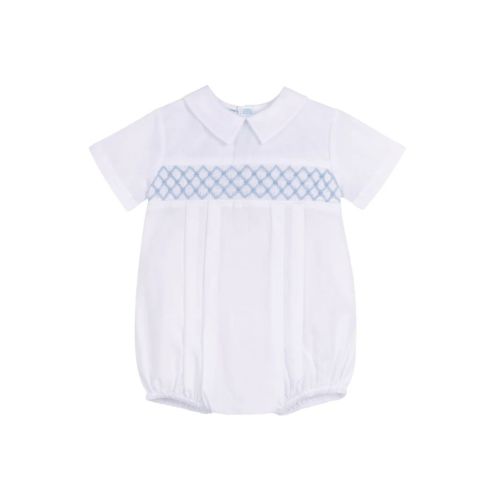 Boys Signature Smocked Romper, White/Blue