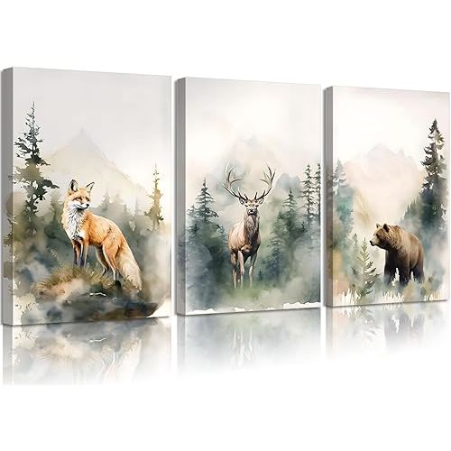 3Pcs Framed Woodland Nursery Canvas Wall Art Animals Wall Decor Forest Prints Posters Deer Bear Fox Watercolor Pictures Paintings for Boys Room Girls Room 12x16in