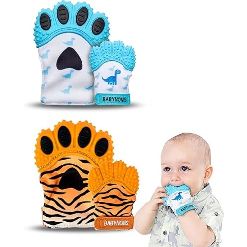 ® Teething Mitten 2-Pack Bundle | Dino Blue & Tiger Orange Teether Paws
