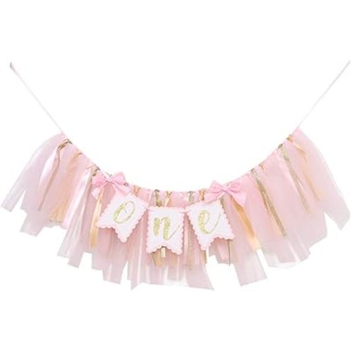 Highchair Banner 1st Birthday Girl - Tulle And Ribbon Banner For First Birthday, Cake Smash Photo Prop, Party Supplies (Pink)