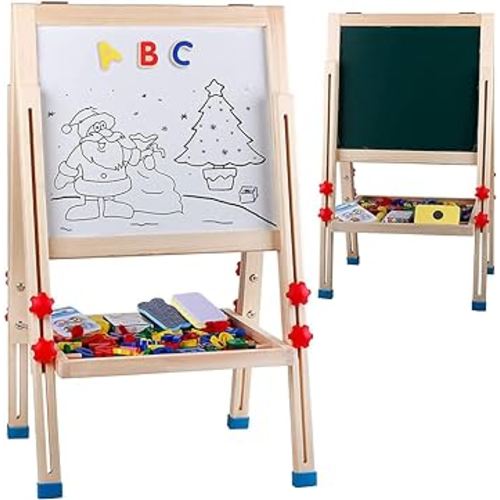 Wooden Art Easel for Kids (Double Sided) - Standing Magnetic Whiteboard Chalkboard Small Toddler Toys PM-048-G