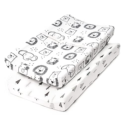 TILLYOU Changing Pad Cover Set in Soft Jersey Material - Fits 32"/34''x16" Contoured Pad for Babies, Happy Story & Geometry Tree