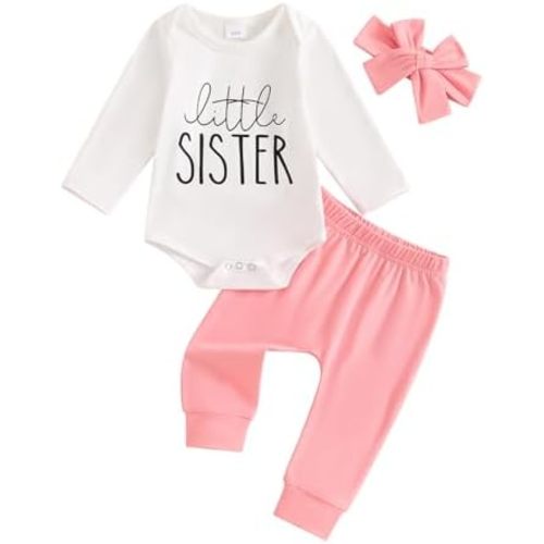 Dcohmch Little Sister Newborn Outfit Long Sleeve Romper Strip Trousers Hairband 3Pcs Coming Home Baby Girl Fall Clothes