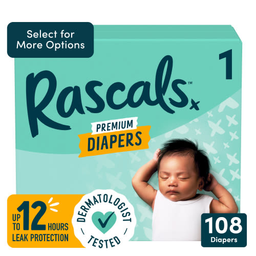 Rascals Premium Diapers, Size 1, 108 Count (Select for More Options)