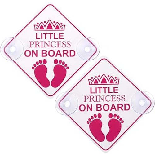 Little Princess on Board Warning Signs, 2pcs 5" x 5" Safety Car Bumper Sticker With Double Suction Cups, Reusable Baby in Car Decal, Pink