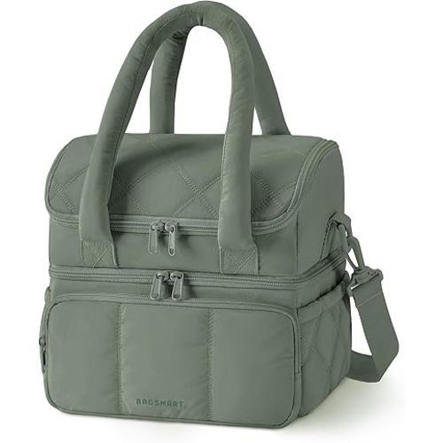 BAGSMART Lunch Bag Women, Double Deck Insulated Lunch Box, Quilted Puffer Lunch Tote, Leakproof, Durable & Reusable Large Lunch Cooler For Work Picnic Travel Meal Prep, Olive Green