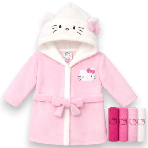 Hello Kitty Infant Girls' Cozy Hooded Plush Fleece Bathrobe & 4pc Washcloth Set, Pink/White, One Size