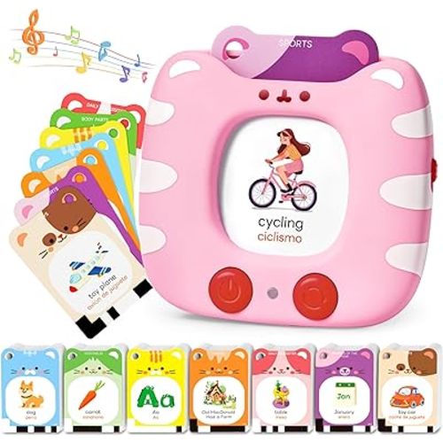 JoyCat Bilingual Spanish & English Talking Flash Cards for Toddlers 1-5, 454 Words+6 Songs, Clear Voice & Thick Cards & Easy to Slide in and Out, Independent Play & Speech Development Toys