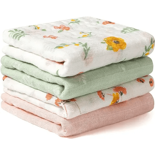 Viviland Baby Muslin Burp Cloths, 100% Cotton Super Absorbent Washcloths for Baby Girl and Boy, 10 x 20 inches 6-Layer Baby Bath Towels, Floral Pattern 4 Pack