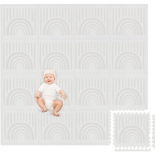 Play Platoon Non-Toxic Large Kids Play Mat, 16 Foam Mat Tiles 96 x 96 inch - Extra-Thick Interlocking Comfortable 24 x 24 in. Puzzle Baby Play Mats for Floor, Neutral Baby Play Mat Rug for Toddlers