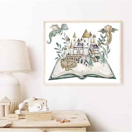 Dragon Baby Wall Print, Nursery Art, Boys Room Poster, Castle Print, Magical Book, Nursery Decor, Fairytale Kids Room, Dragon Themed Room,73