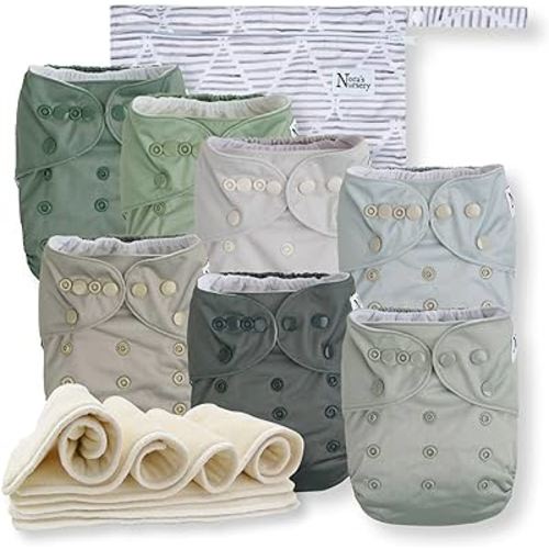Nora's Nursery Cloth Diapers 7 Pack with 7 Inserts & 1 Wet Bag - Waterproof Cover, Washable, Reusable & One Size Adjustable Pocket Diapers for Newborns and Toddlers - Morning Dew
