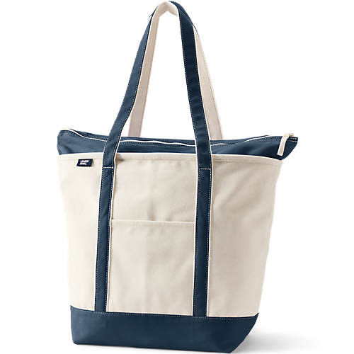 Large Natural/Navy 5 Pocket Zip Top Canvas Tote Bag | Lands' End