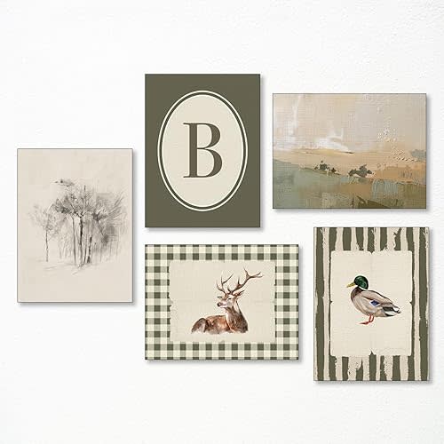 5pcs Nursery Canvas Wall Art, Sage Green Posters for Kids Room, Deer and Duck Animals Picture, Rustic Landscape and Tree Painting, Neutral Baby Bedroom Full B Initial Print 12x16in Unframed