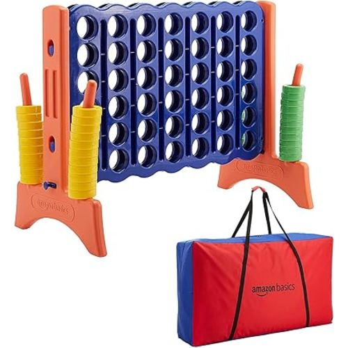 Amazon Basics Junior BPA-Free 4-to-Score Giant Premium Plastic Games Set, 4 in A Row for Kids and Adults with Carrying Bag, Great For Gifting, Variety of Colors, Blue, Yellow, Red, Green, Large