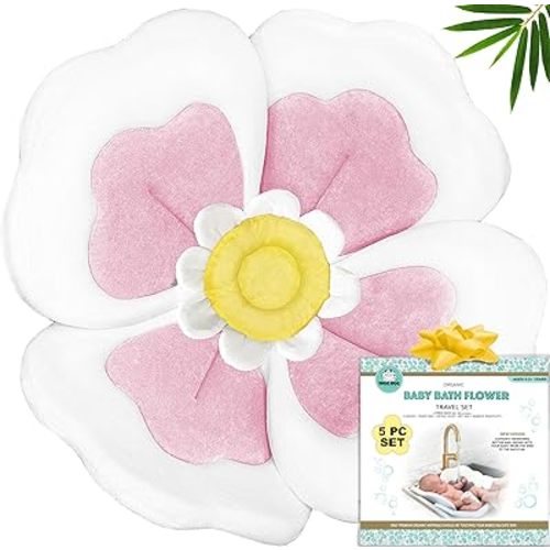 Baby Bath Flower for Sink - Flower Bathtub for Baby Organic 5pc Set -Blooming Baby Bath Flower Fits Bathtub Sink Tub -More Support for Newborns -Lotus Flower Baby Bath Mat Pink-Girl