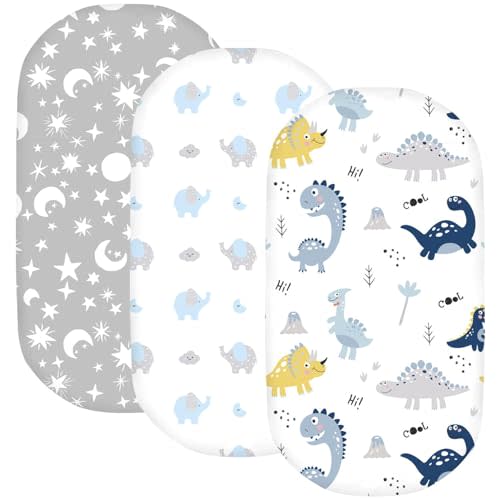 Plushii Bassinet Sheets 3 Pack for Baby Boys, 32"x16" Extra Soft Stretchy Fitted Microfiber Bassinet Mattress Sheets, Universal Fit for Oval Rectangle Hourglass Cradle, Dinosaur