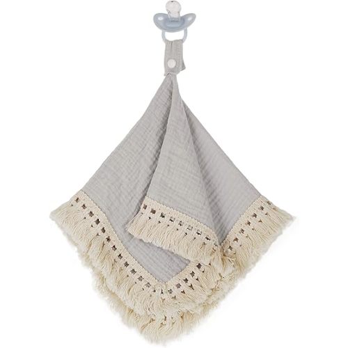Boho Muslin Baby Blanket with Pacifier Holder - 100% Cotton Muslin, Ultra-Soft & Breathable, Machine Washable with Durable Polyester Tassels, Compatible with Most Pacifiers - Salmon