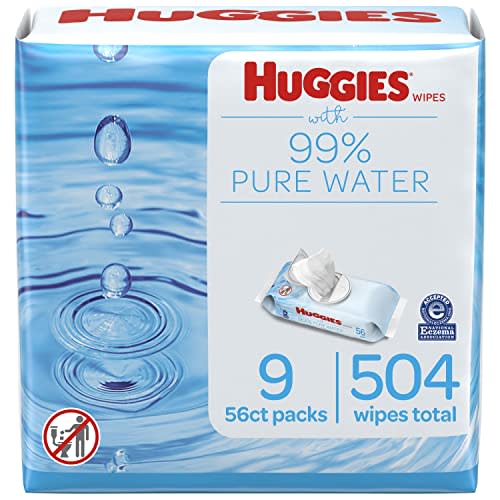 Huggies 99% Pure Water Baby Wipes, Unscented, 9 flip-top packs (3 Packs of 3), 504 Wipes Total, Packaging May Vary