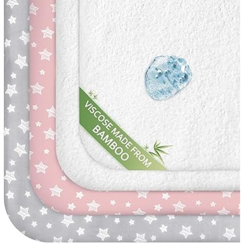 Pack and Play Sheets & Waterproof Terry Pack N Play Mattress Protector Pad Cover 4 Pack, Viscose Made from Bamboo Pack N Play Sheets Set, Grey & Pink