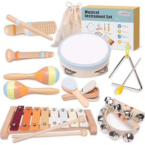 Toddler Musical Instruments Set - Montessori Toys Wooden Percussion Baby Drum Xylophone Maracas Set, Sensory Toys for 18 Month Old, 2 3 4 Year Old Girl Boy Birthday Gifts Easter Basket Stuffers