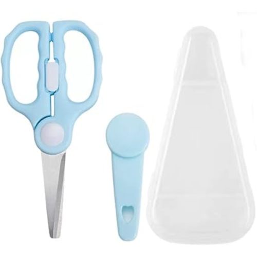 Baby Food Scissors with Travel Case, Portable Stainless Steel Shears with Safety Lock, Dishwasher Safe, Kitchen Scissors, Healthy Food Cutter with Dust Cover, Blue